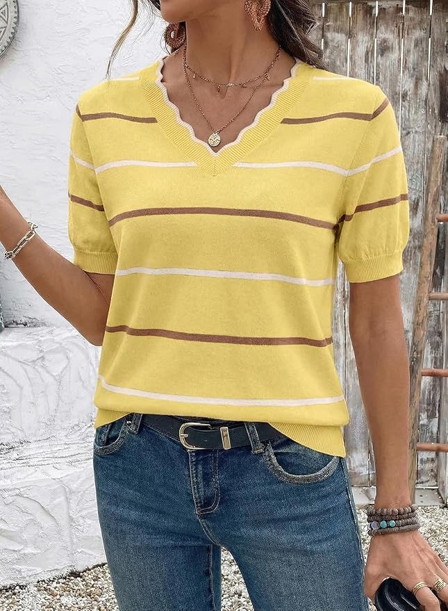 Dokotoo Womens Summer Short Sleeve Knit Tops 2026 Spring Trendy Casual V Neck Striped Sweater Blouses - Image 2