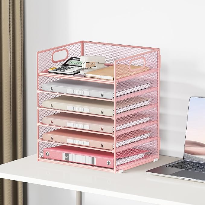 6 Tray Paper Organizer Letter Tray with Handle - Mesh Desk File Organizer, Paper Sorter Organizer for Office, Home or School File Folder Holder - Pink - Image 6