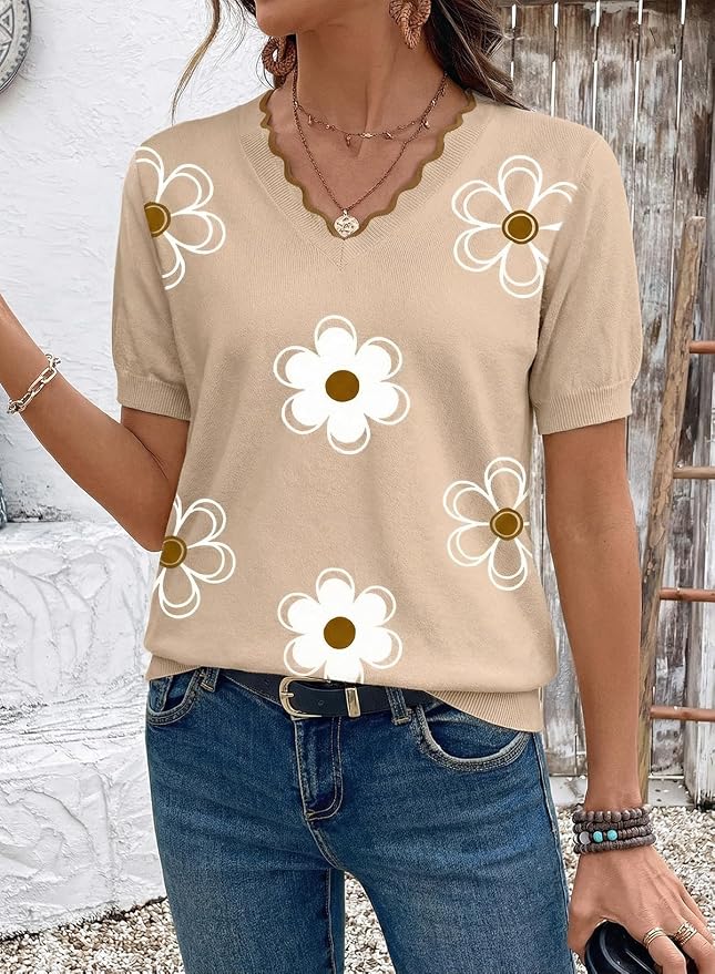 Dokotoo Womens Summer Short Sleeve Knit Tops 2026 Spring Trendy Casual V Neck Striped Sweater Blouses - Image 2