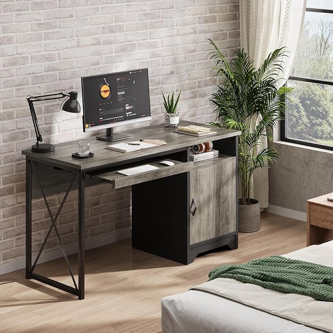 Bestier 47-Inch Office Desk with Storage Cabinet & Keyboard Tray, Grey | 47 Inch Desktop, Right Storage Cabinet, Sliding Keyboard Tray And X-Frame Support Create A Small-Space Home Office Desk. - Image 6