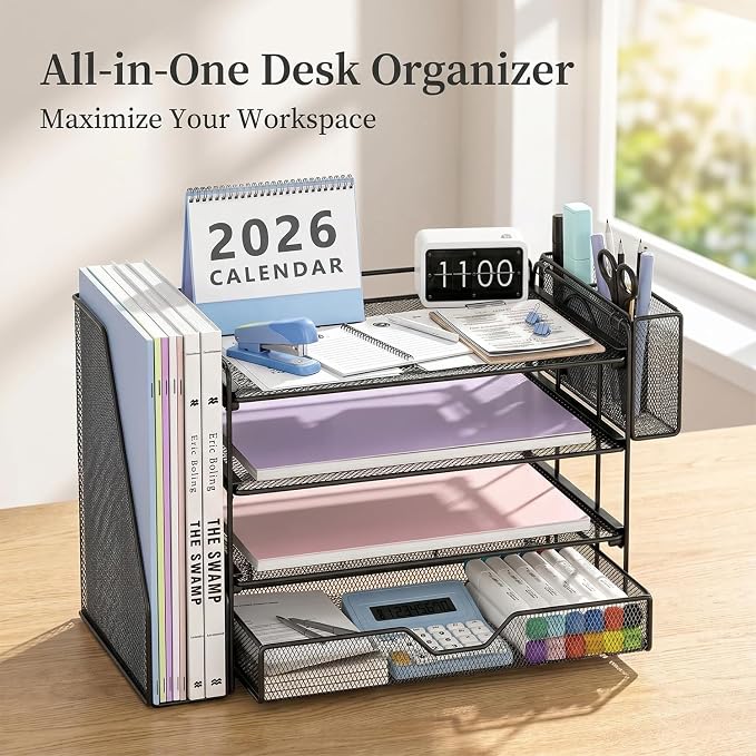 OPNICE Desk Organizers and Accessories, 4-Tier Desktop File Organizer with Drawer and Pen Holders, Office Desk Accessories Workspace Organizers for Office Supplies (Black) - Image 7