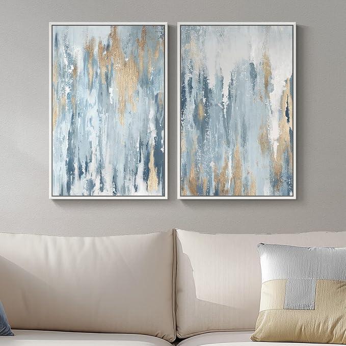 White Framed Blue and Gold Abstract Canvas Wall Art for Bedroom, Set of 2 Modern Minimalist Art Prints Paintings Artwork for Walls, Glitter Pictures for Living Room, Dining Room Wall Decor 16x24 In - Image 5