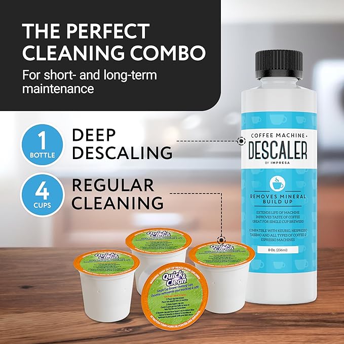 IMPRESA Coffee Machine Descaler & Cleaning Bundle - Compatible with Keurig K-Duo & K-Cup Brewers - 8 Oz Descaling Solution & 4 Maintenance Pods - Coffee Machine Cleaning & Pot Care Kit - Image 2
