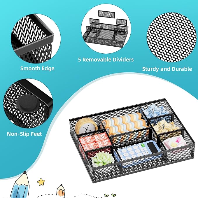 Marbrasse 2 Pack Desk Drawer Organizer, Mesh Drawer Organizer Tray with 8 Adjustable Compartments, Desk Organizers and Accessories, 5 Dividers Drawer for Office Supplies, Makeup & Vanity (Black) - Image 6