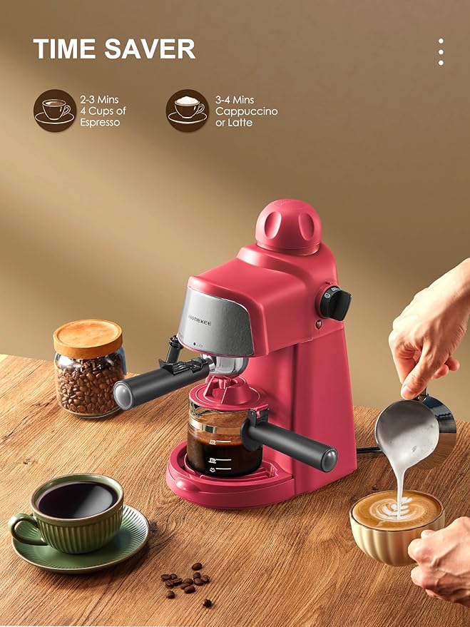Ihomekee Espresso Machine, 3.5Bar Espresso and Cappuccino Machine | Preheating Function, 4 Cup Coffee Maker with Milk Frothing Function and Steam Wand (Red) - Image 3