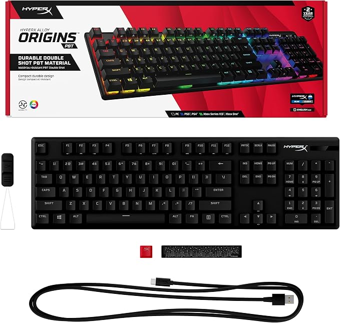 HyperX Alloy Origins PBT - Mechanical Gaming Keyboard, Keycaps, RGB Lighting, Compact, Aluminum Body, Adjustable Feet, Customizable with NGENUITY, Onboard Memory Clicky Switch, Black - Image 11