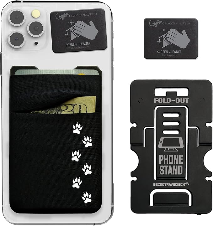 Gecko Travel Tech Double Pocket - Adhesive Card Holder - Cell Phone Pouch - Stick on Spandex Pocket - Carry Credit Cards and Cash (Black - CAT PAW) by GeckoTravelTech