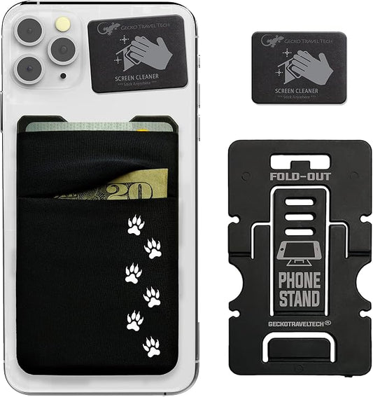 Gecko Travel Tech Double Pocket - Adhesive Card Holder - Cell Phone Pouch - Stick on Spandex Pocket - Carry Credit Cards and Cash (Black - CAT PAW) by GeckoTravelTech