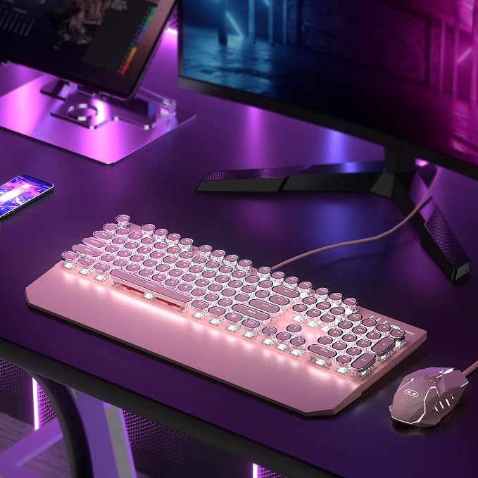 Retro Pink Typewriter-Style Keyboard and Mouse Combo, Cute Light Up Wired Mechanical Keyboard with Linear Red Switches, Full Size for Gaming, Work, Mac, PC, Windows - Image 7