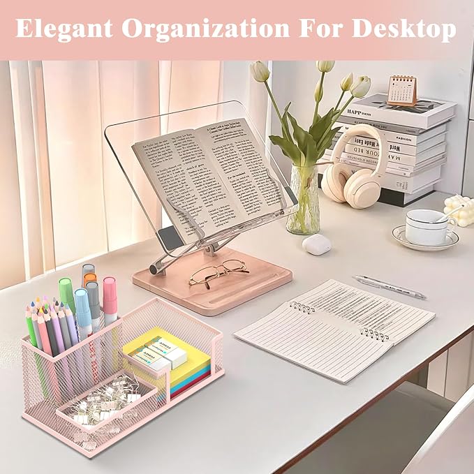 SUPEASY Mesh Pen Holder Desk Organizer, Office Supplies Pencil Storage with 3 Compartments, Office Desk Accessories and Workspace Organizers for Home School Classroom, Pink - Image 3