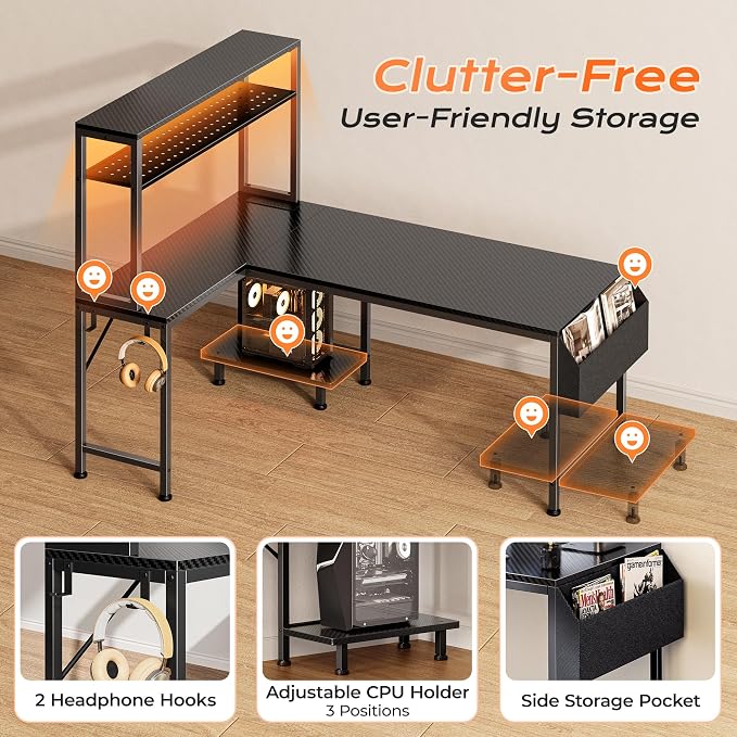 PRAISUN L Shaped Gaming Desk with LED Lights & Power Outlets, Reversible Computer Desk with Storage Shelves & Bag, Large Corner Home Office Desk with Pegboard for Work from Home, Carbon Fiber Black - Image 9
