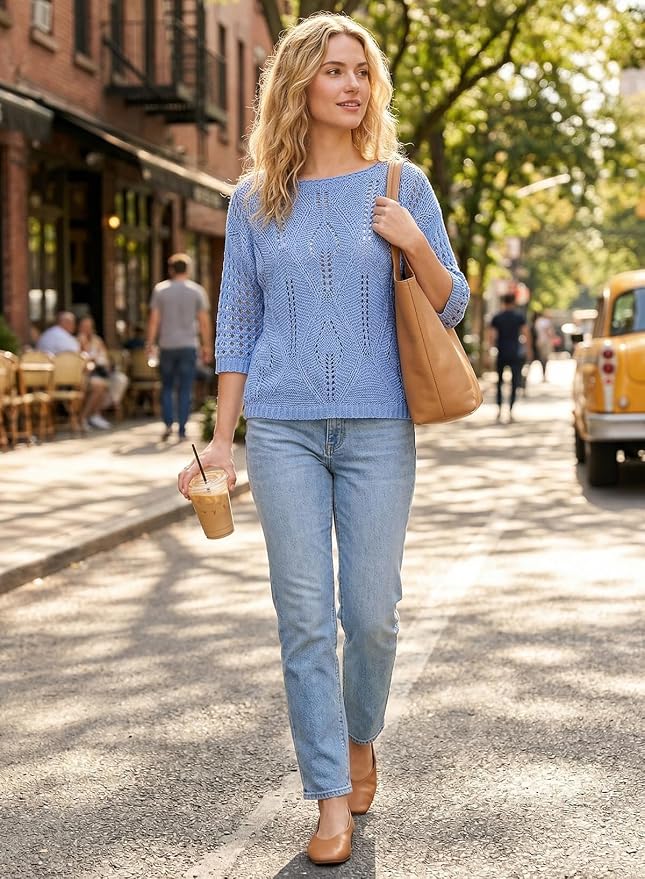 EVALESS Womens Crochet Hollow Out Knit Tops Half Sleeve Spring Summer Sweaters Beach Cover Ups for Women Trendy 2026 - Image 4