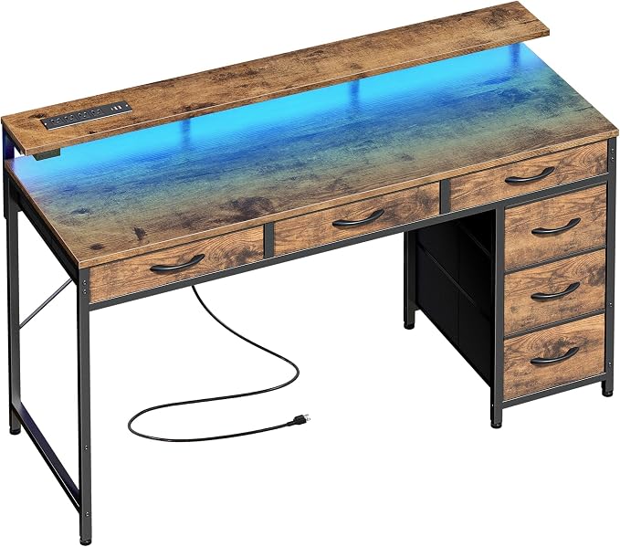 Huuger Gaming Desk with 6 Drawers, Computer Desk with LED Lights Power Outlets and Type-C, 47 Inch Office Desk with Storage, Monitor Stand, Writing Work Desk for Home Office, Rustic Brown by Huuger