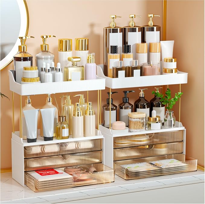StorBin Arcylic 5-Tier Makeup & Skincare Organizer for Vanity, Bath, 2 Sets | Smooth 3 drawers, clear body, gold frame, non-slip, for perfumes, serums, face masks, palettes, vanity & bath counter,Amber by Unknown