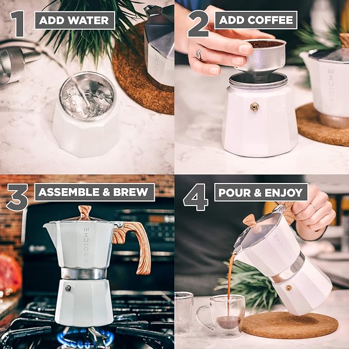 GROSCHE Milano Stovetop Espresso Maker Moka Pot 6 espresso Cup 9.3 oz White | Cuban Coffee Maker And Italian Moka Pot For Stovetop Espresso; For Gas, Electric, And Propane Stoves With A Soft-Touch Handle - Image 7