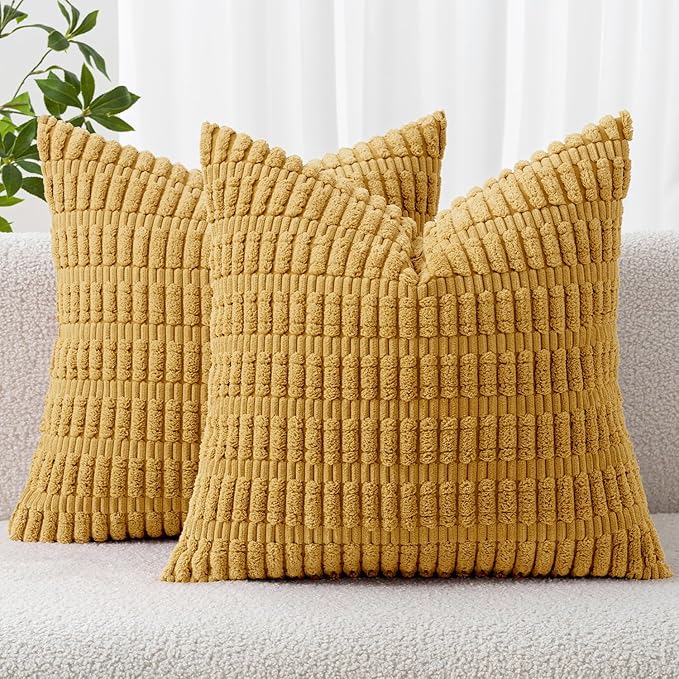 MIULEE Pack of 2 Corduroy Decorative Throw Pillow Covers 18x18 Inch Soft Boho Striped Pillow Covers Modern Farmhouse Home Decor for Summer Sofa Living Room Couch Bed Yellow by MIULEE