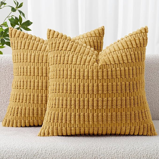 MIULEE Pack of 2 Corduroy Decorative Throw Pillow Covers 18x18 Inch Soft Boho Striped Pillow Covers Modern Farmhouse Home Decor for Summer Sofa Living Room Couch Bed Yellow by MIULEE