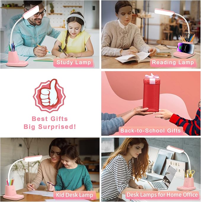 LED Desk Lamp with 10W Wireless Charging & Pen Holder, Pink | CRI 95, 800LM, Stepless Dimming, 3 Modes, 360°Flexible Arm, Touch, Study Table Lamp for Home Office, Dorm Room, with Adapter - Image 7