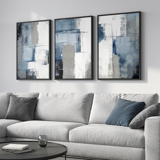 Large Framed Blue and Grey Abstract Wall Art, 3 Piece Modern Canvas Prints Paintings Artwork for Walls, Minimalist Abstract Block Pictures for Living Room Entryway Hallway Bedroom Wall Decor 20x30 In - Image 2