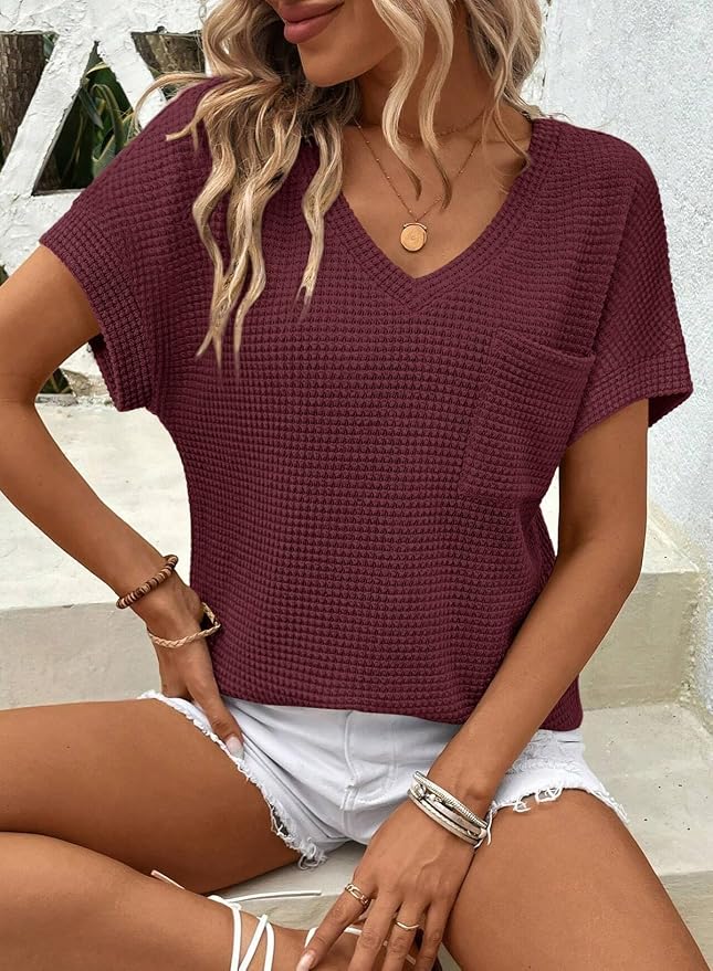 Dokotoo Womens Waffle Knit Tops 2026 Spring Summer V Neck Shirts Casual Trendy Women's Blouses Basic Tee - Image 3