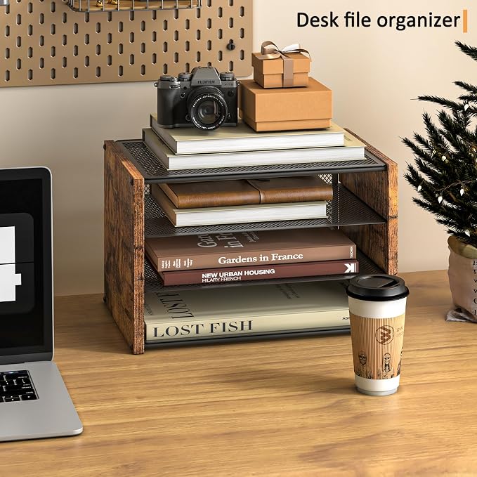 DAOUTIME 3-Tier Paper Letter Tray, Wooden Desk File Organizer, Stackable Metal Mesh Desk Organizer for Office Supplies. Small Paper Trays for Home Office School, Rustic Brown - Image 5