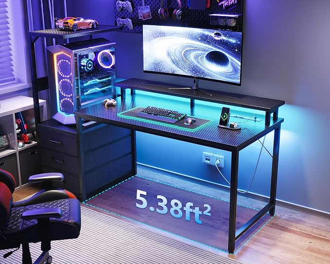 AODK 52 Inch Gaming Desk with USB Charging Ports & LED Light- Reversible Computer Desk with Storage Shelves & Monitor Stand, Modern Gamer Desk Table with Fabric Drawers, Black - Image 2