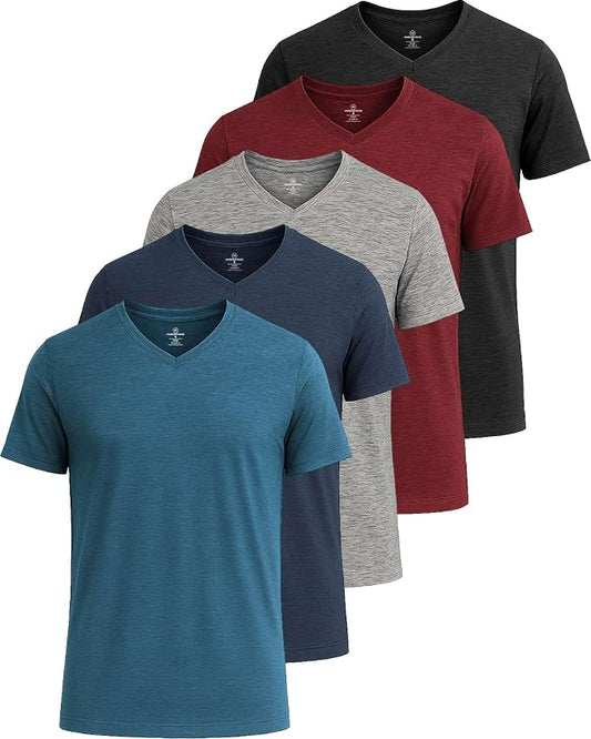 5 Pack Men's Dry Fit V Neck Gym Workout T Shirts Athletic Moisture Wicking | Cooling, Quick Dry, Breathable, Short Sleeve, Exercise, Cycling, Sports, Outdoor, Fitness, Golf, Crossfit, Hiking, Tennis by RealEssentials