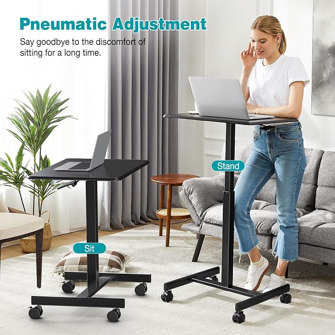 DUMOS Mobile Rolling Desk with Wheels Adjustable Height | Small Standing Desks Portable Laptop PC Table, Computer Workstation for Home Office Small Space, Modern Black - Image 4