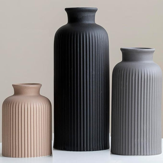 Large Modern Ceramic Vase Set, Black Ribbed Matte Finish, 3-Piece Decorative Vases for Home Living Room Office, 10 inch Tall, 4 inch Width (XL Black Mix) by Vaurcesavase