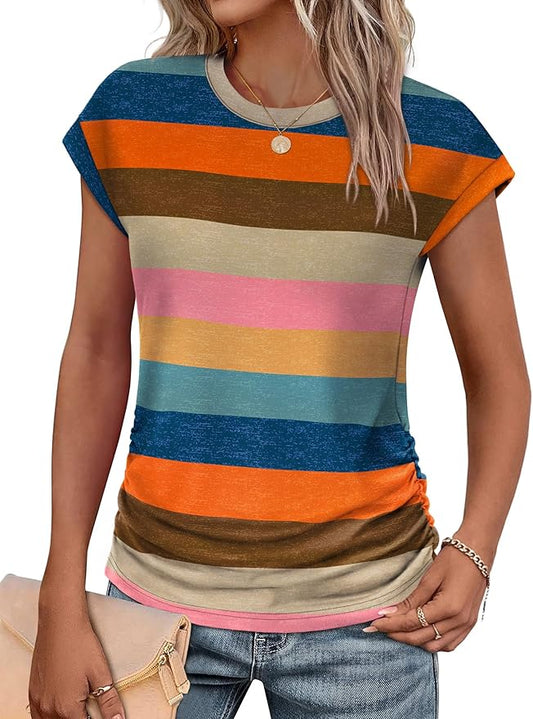 Sampeel Womens Summer Tops Trendy 2026 Ruched Cap Short Sleeve Tshirts Shirts Crew Neck T Shirts Fashion by SAMPEEL