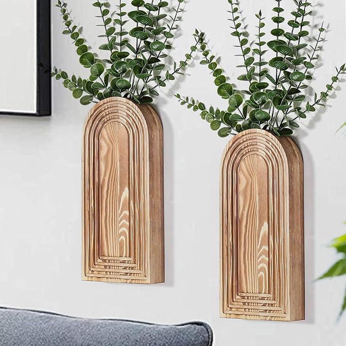 Dnnnii 2 Pack Wooden Wall Vase Set - Brown Finish Modern Farmhouse & Boho Wall Decor for Entryway, Hallway, Bathroom, Living Room, Dining Room, Narrow Spaces by Dnnnii