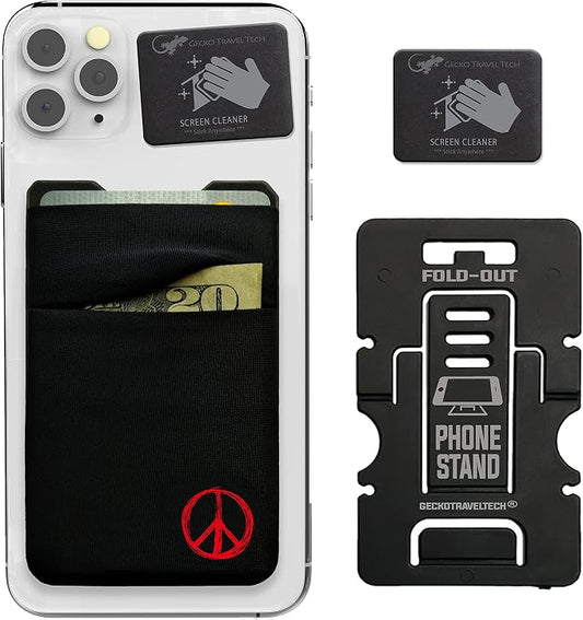 Gecko Travel Tech Double Pocket - Adhesive Card Holder - Cell Phone Pouch - Stick on Spandex Pocket - Carry Credit Cards and Cash (Peace) by GeckoTravelTech