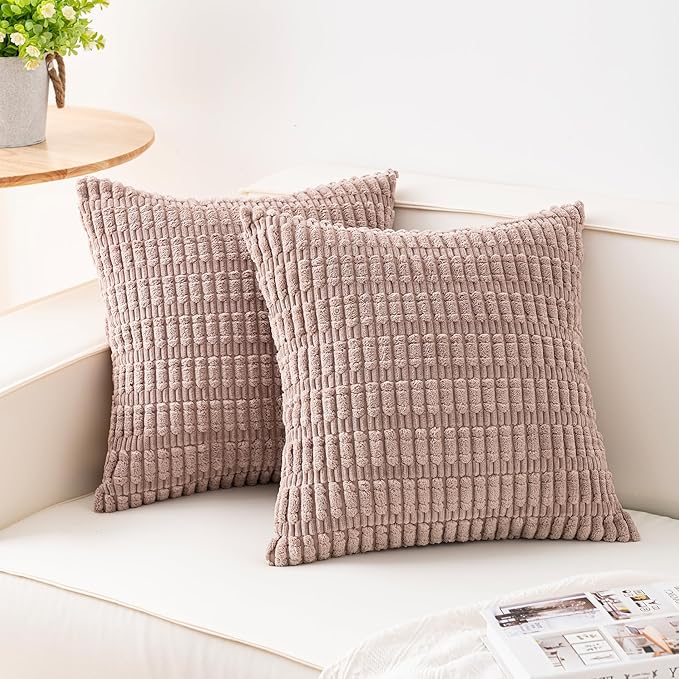 Aegero Pack of 2 Corduroy Decorative Throw Pillow Covers 26x26 InchSoft Striped Pillow Covers Modern Farmhouse Home Decor for Sofa Living Room Couch Bed（Light Brown） by Unknown