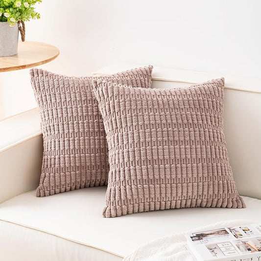 Aegero Pack of 2 Corduroy Decorative Throw Pillow Covers 22x22 Inch Soft Striped Pillow Covers Modern Farmhouse Home Decor for Sofa Living Room Couch Bed（Light Brown） by Unknown