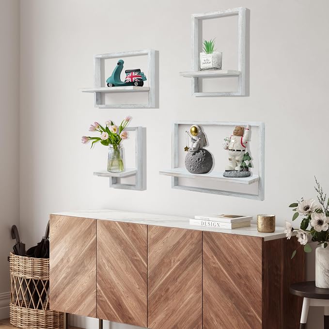PHOENANCEE Square Floating Shelves,Framed Wall Shelf Decorative Set of 4,Modern Plants Hanging Display Art Decor Storage for Livingroom Bedroom Bathroom Farmhouse,Home Light Wood,Rustic White - Image 2