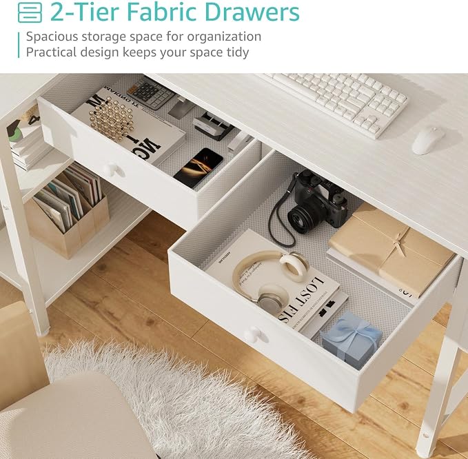 DLisiting Small White L Shaped Desk with Drawers & Storage Shelves, 40 Inch Corner Desk with Power Outlet for Small Space Home Office, Study Work PC Desks for Bedroom - Image 5