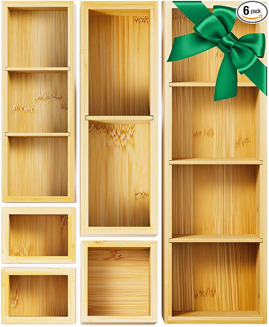 Bamboo Drawer Organizer Set, 6 PCS Desk Drawer Organizer Trays with 12 Compartments, Wood Storage Boxes for Junk Drawer, Kitchen Utensils, Office Supplies, Makeup, Jewelry, Bathroom by VA1KENE