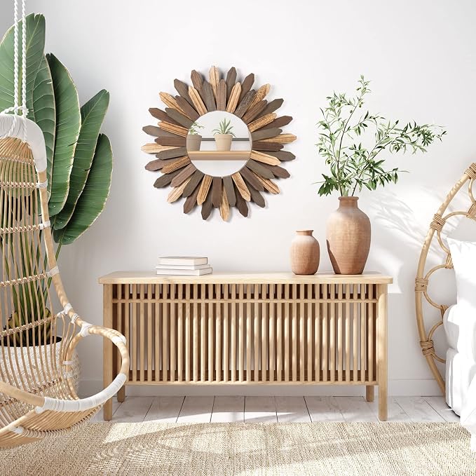 Honiway Boho Wall Decor 21 inch Wall Mirror Rustic Wood Decorative Mirror for Room Decor Rustic Home Decor Farmhouse Wall Decor at Living Room Bedroom Bathroom Hallway Trilcolor - Image 4