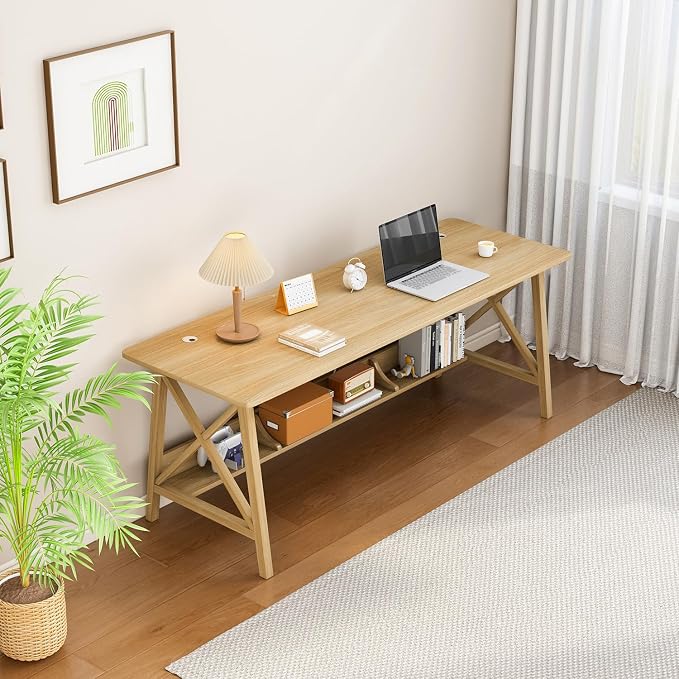 NELYE Extra Long Writing Desk with Bookshelf, 55" Wx20 Dx30 H, Oak | Wooden Home Office Work Study Table, Computer Gaming Workstation with Storage Shelf, Sturdy MDF Resists Wobble - Image 7