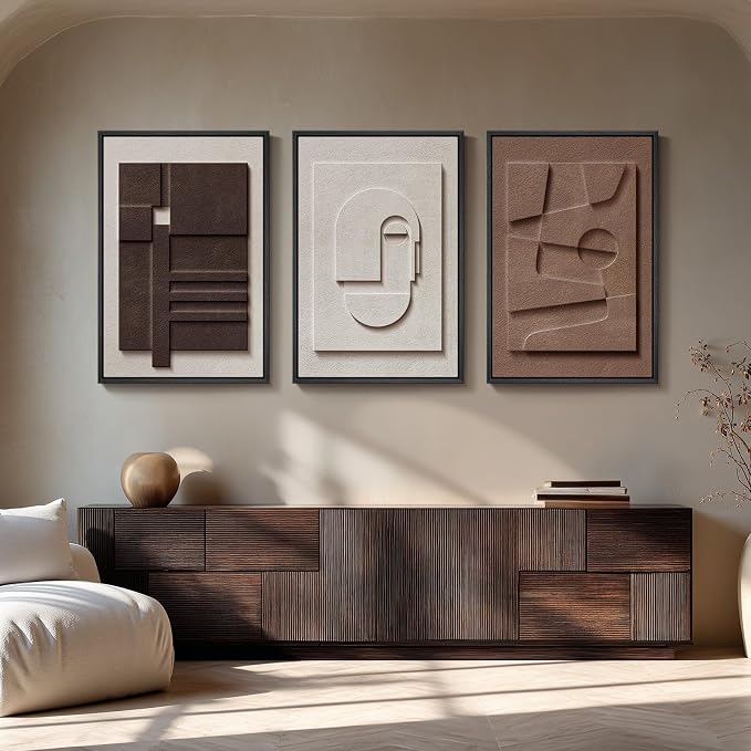 Large 3D Textured Framed Neutral Abstract Wall Art for Living Room, 3 Piece Modern Artwork for Walls, Minimalist White and Brown Geometric Wall Paintings for Hallway, Stair, Office Wall Decor 24x36 In - Image 4