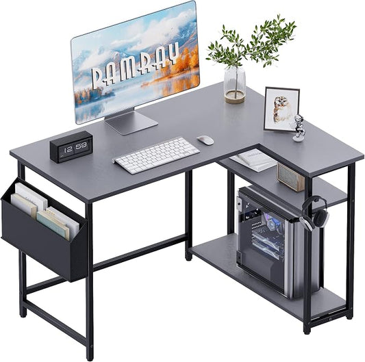 Pamray 40 Inch L Shaped Computer Desk with Reversible Side Storage Shelves, Small Corner Desk for Small Space Home Office, Writing Study Table PC Desk for Bedroom, Grey by PAMRAY