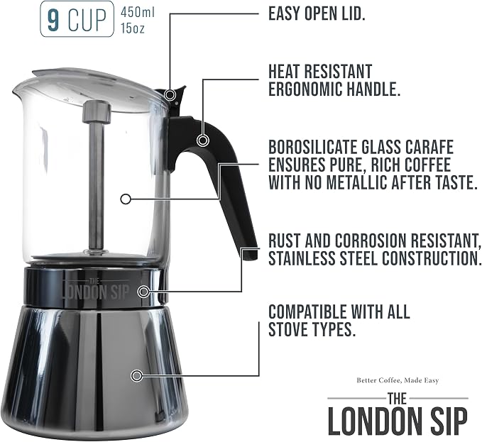 The London Sip Glass and Stainless Steel Stovetop Espresso Maker, Moka Pot Italian Coffee Percolator, Large (15.2 oz) - Image 2