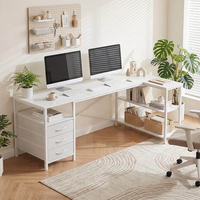Alpen L Shaped Computer Desk, 47.2 Inch Corner Desk with Drawers and Power Outlets, Home Office Desk for Gaming, Study Writing PC Table with Storage and Reversible Shelf, White - Image 2
