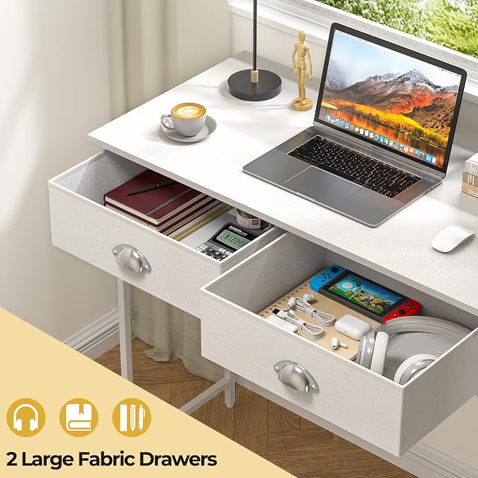 DAOUTIME Small Writing Desk for Kids Bedroom, 31.5 Inch Small Computer Desk for Small Spaces, Simple Desk with 2 Fabric Drawers for Home Office, Dorm, Living Room, Home Study Table, White - Image 4