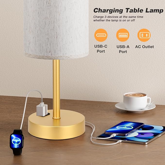 Fenmzee Touch Table Lamp - Cream, 3-Way Dimmable, USB A + C Charging, AC Outlet, 17.4inch Medium, Gold Metal Base - Image 4