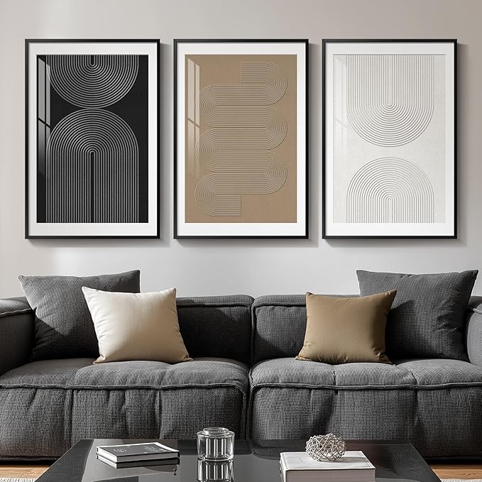 Framed Boho Neutral Abstract Wall Art, Set of 3 Modern Art Prints Paintings Artwork for Walls, Minimalist Black White Brown Geometric Pictures for Living Room, Dining Room, Bedroom Wall Decor 16x24 In by Cuspin