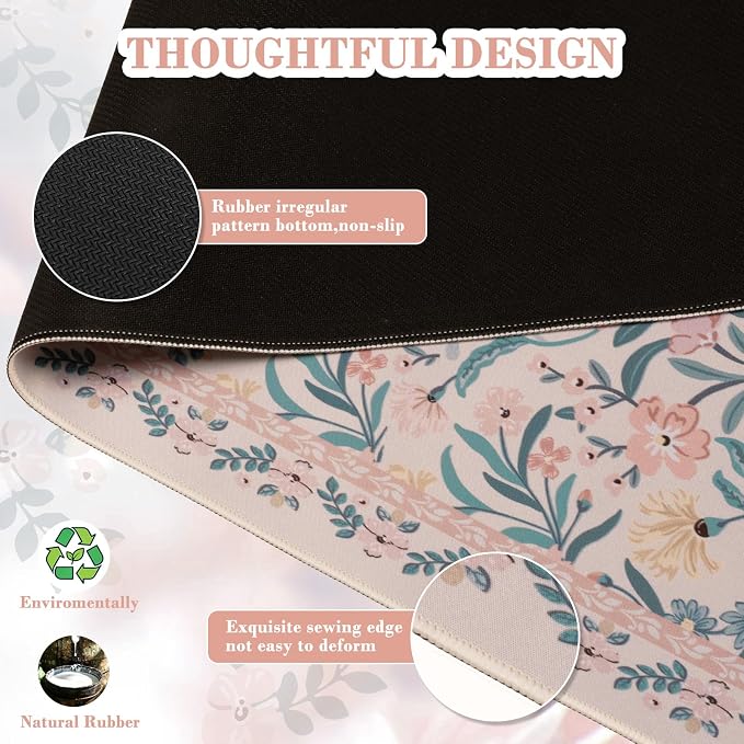 iCasso Aesthetic Desk Mat,31.5x11.8in Mouse Pads, Pink Floral | Anti-Slip Mousepad with Stitched Edges, Waterproof Computer Pad , Desk Accessories Office Decor for Women - Image 4