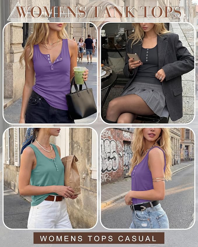 Ficerd 3 Pack Women's Henley Tank Tops Sleeveless Button Down Summer Shirts 2026 Casual Trendy Loose U Neck Tee Blouses - Image 2