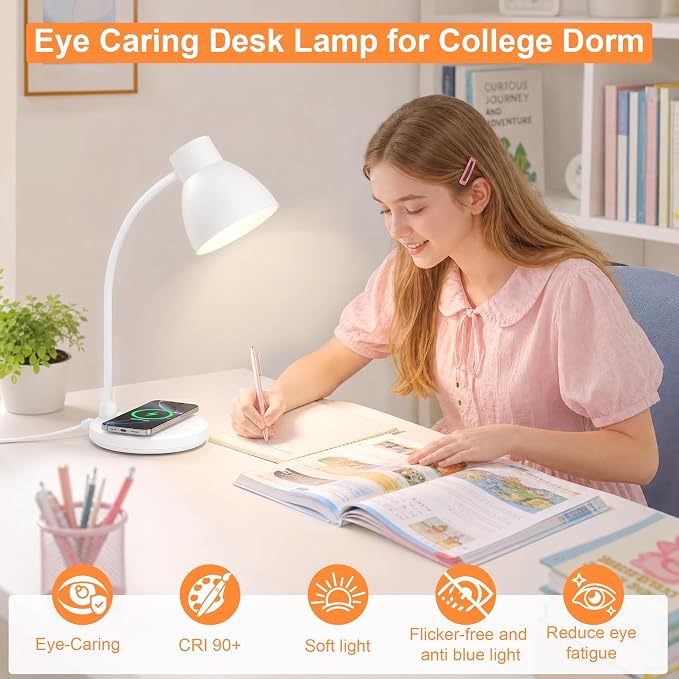 LED Desk Lamp for Home Office with Wireless Charger, White | 3 Color Modes Dimmable Eye-Caring Study Reading Dorm Desk Lamp, 360° Flexible Arm Table Lamp for College Dorm Room, 800 Lumen - Image 5