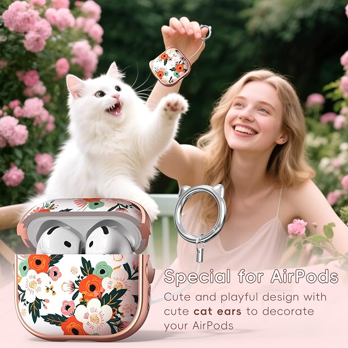 for AirPods 4 Case with Cleaning Kit, Cute Cat Ear Print Design & Cute Buckle, Inverted Phone Holder Design, Top Safe Lock Buckle Design, for Girls AirPods 4 case 2024, Rose Gold Flower - Image 3